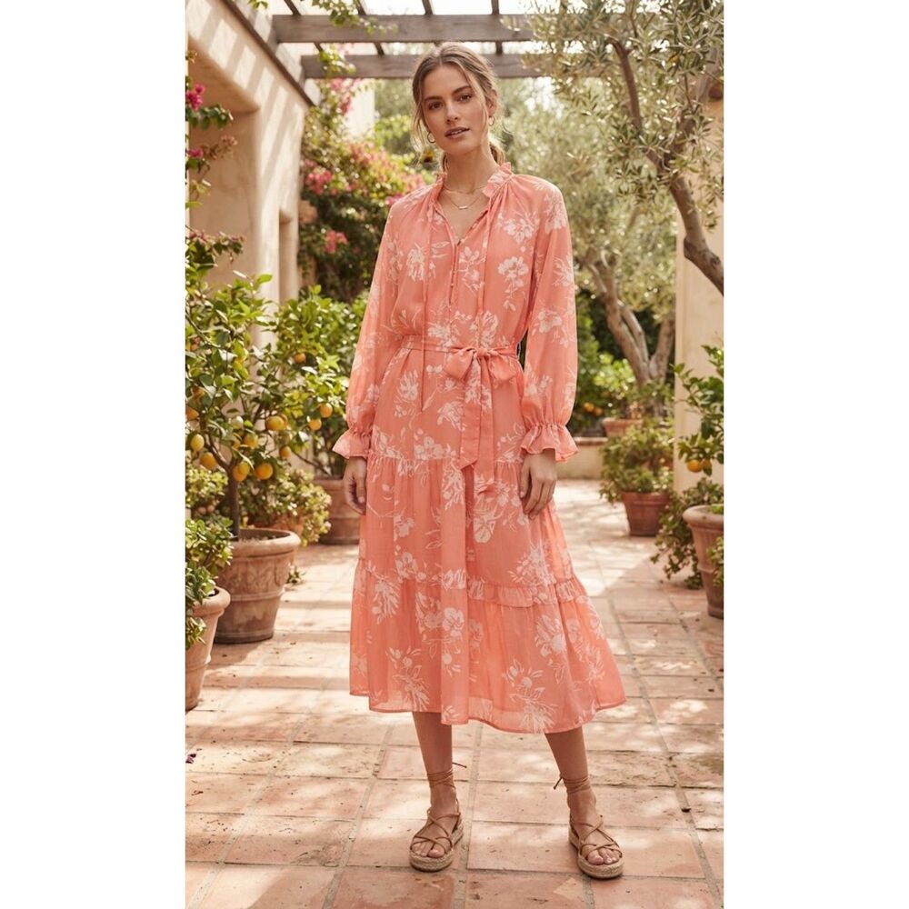 Pink Lily Coral Floral Tiered Chiffon Midi Dress - Size Medium